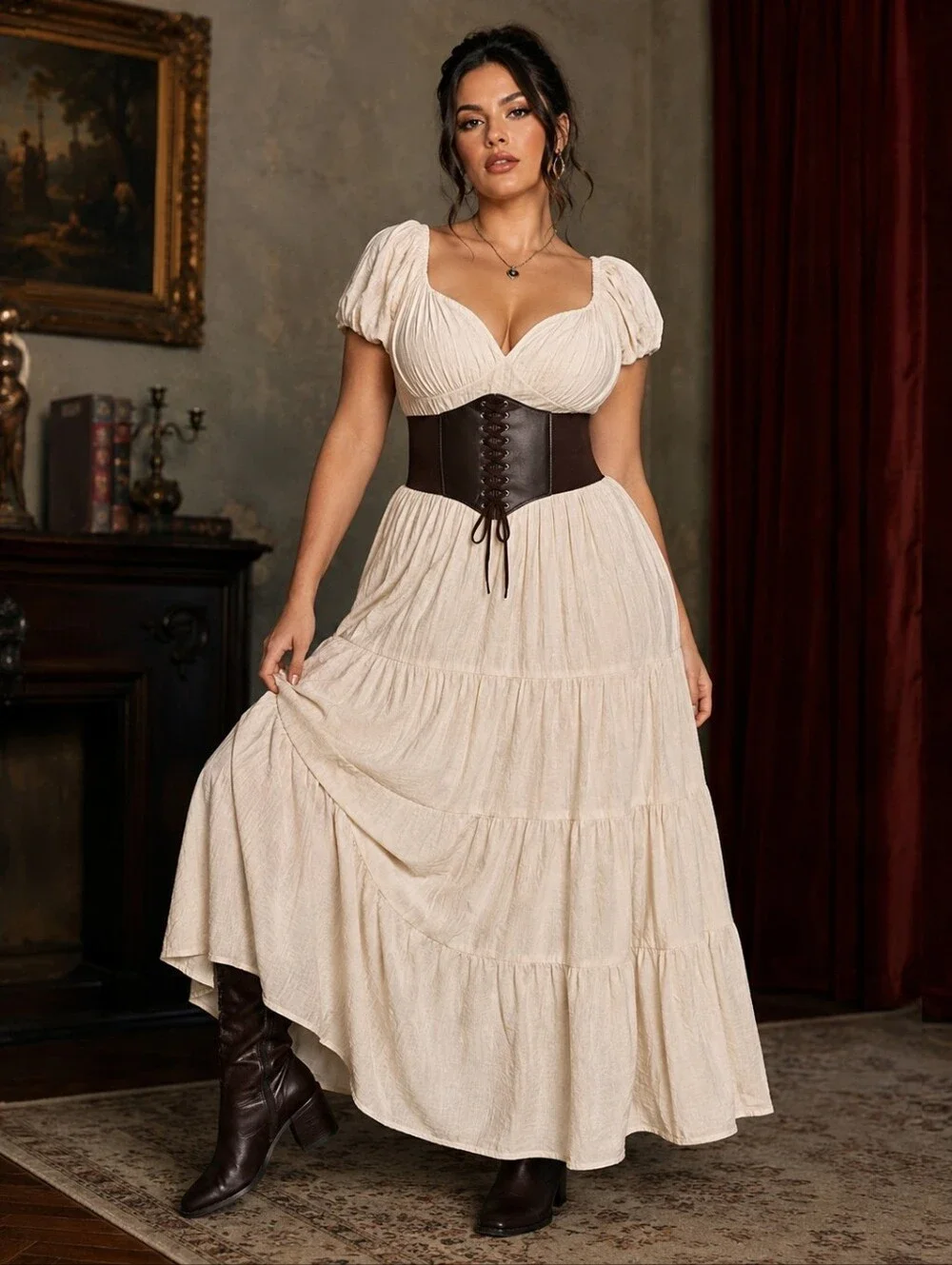 Corset Style Underbust Brown Elastic Wide Waist Belt Faux Leather One Size